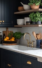 Dark navy blue kitchen cabinets with marble countertop, open shelving, and brass fixtures. Fresh herbs and fruit displayed.