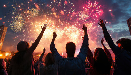 Fireworks display lighting up night sky, celebrating with joy and excitement