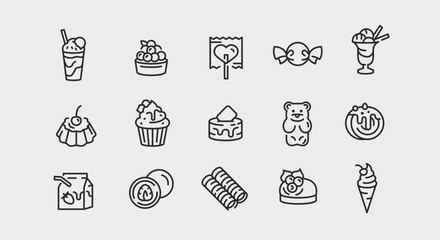 Sweet icons. Set of 15 trendy minimal icons representing various desserts and candies. Ice Cream, Cupcake, Lollipop, Cookie, Gummy Bear icon. Design signs for web page, mobile app. Vector illustration