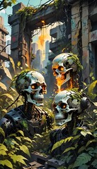 Futuristic skeletons explore an abandoned city overgrown with vibrant greenery during a sunset glow. Generative AI