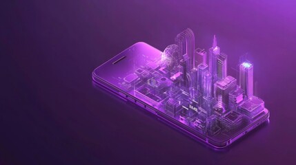 Isometric city model on smartphone, purple background.