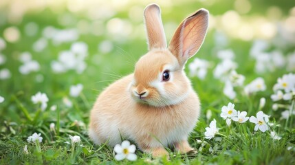 Obraz premium A cute rabbit sitting in a field of flowers, nibbling on grass with its ears perked up