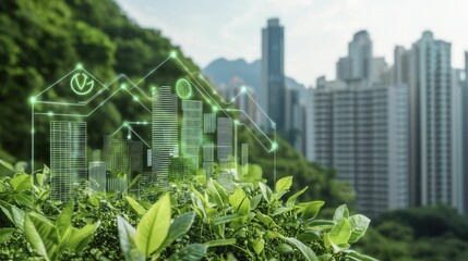Regulatory frameworks guiding sustainable urban development with cityscape backdrop and green technology elements