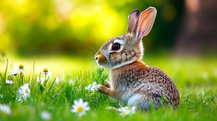Naklejka premium A cute rabbit sitting in a field of flowers, nibbling on grass with its ears perked up