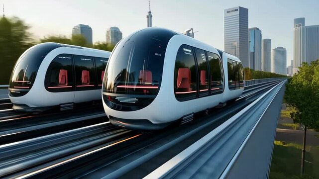 Futuristic City Transportation Elevated Maglev Train on Track