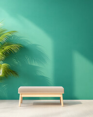 Modern bench in front of a vibrant green wall with a tropical plant casting shadows