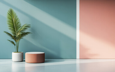 Modern interior design with a statement plant and colorful walls in a sunlit room