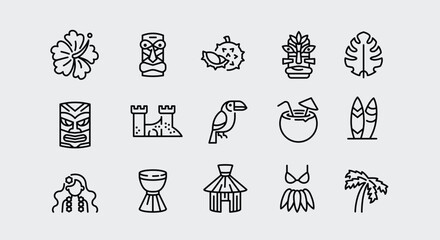 Tropical icons. Set of 15 trendy minimal tropical icons. Hibiscus, Palm Tree, Tiki Mask, Sandcastle, Coconut Drink icon. Design signs for web page, mobile app, packaging design. Vector illustration