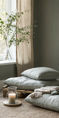 Cozy indoor space featuring soft pillows and natural decor in a serene setting