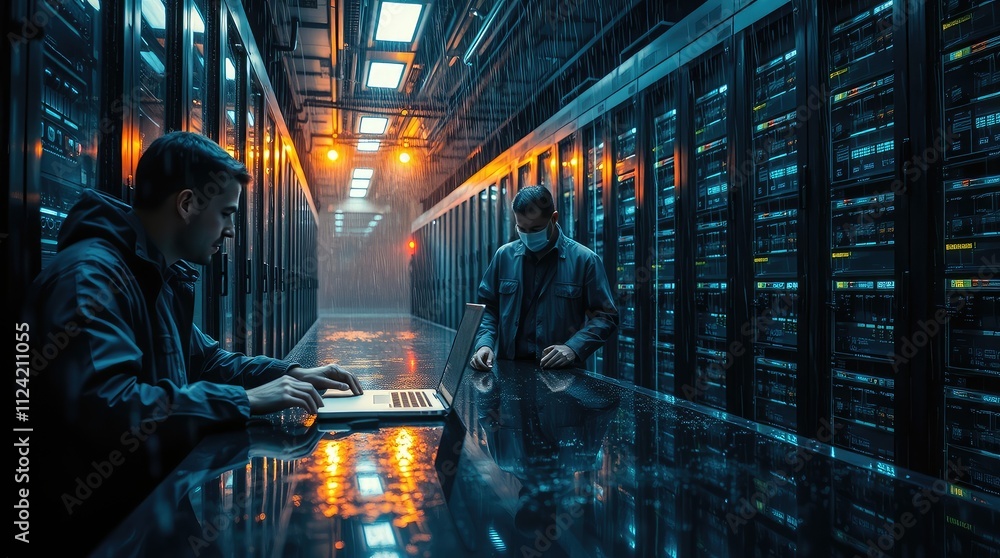 Aufkleber two individuals working in a high-tech server room, focused on data management.
