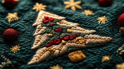 Detailed Close-Up View of Embroidered Christmas Tree Fabric