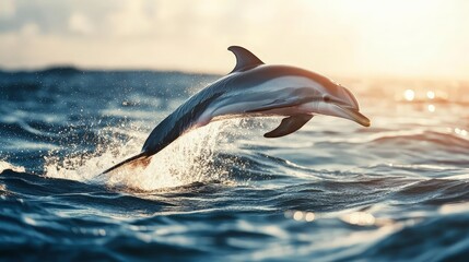 Fototapeta premium A dolphin leaping out of the ocean, the sunlight reflecting off its smooth, wet skin