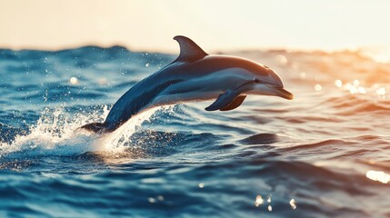 Fototapeta premium A dolphin leaping out of the ocean, the sunlight reflecting off its smooth, wet skin