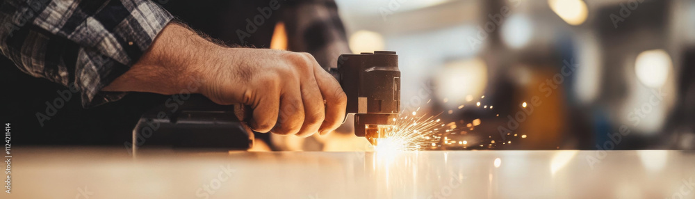 Poster craftsman using laser cutter on wood, creating sparks and precision cuts. focused work environment s