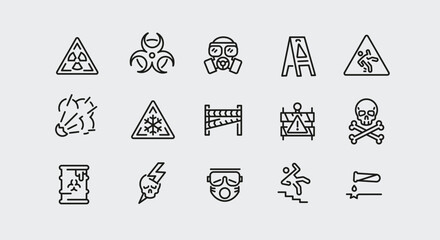 Safety and warning icons. 15 safety and warning trendy minimal icons. No Entry, Gas Mask, Caution, Biohazard icon. Design signs for web page, mobile app, packaging design. Vector illustration