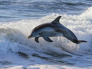 Obraz premium A dolphin playing in the waves, jumping in and out of the surf
