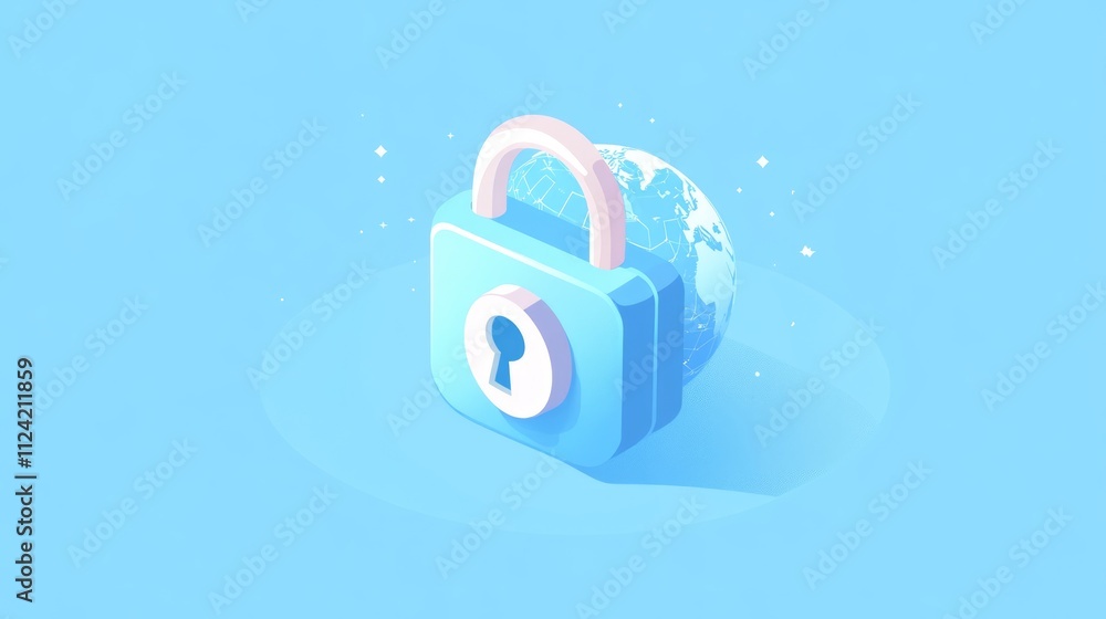 Poster isometric illustration of a padlock securing a globe, symbolizing global cybersecurity and data prot