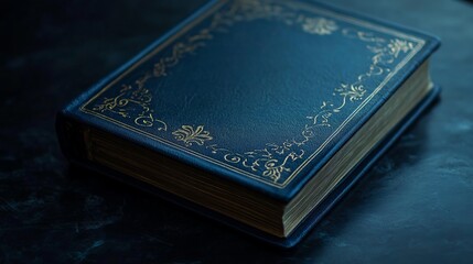 Fototapeta premium Elegant blue leather-bound book with intricate golden detailing resting on a dark surface