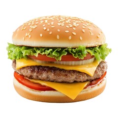 Juicy Double Cheeseburger with Sesame Seed Bun, Lettuce, Tomato, and Onion, Isolated on White Background Cutout