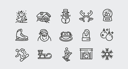 Winter icons. 15 trendy minimal winter icons. Snowflake, snowboard, winter hat, fireplace, and snowman icons. Design signs for web page, mobile app, packaging design. Vector illustration
