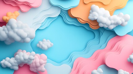 Obraz premium Abstract pastel landscape with clouds and wavy layers.