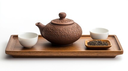 A peaceful Chinese tea set on a wooden tray with
