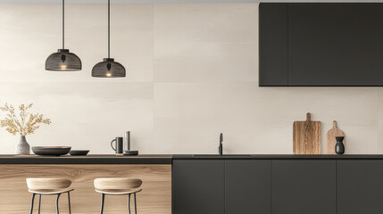 Modern kitchen design featuring minimalist decor and elegant lighting in neutral tones