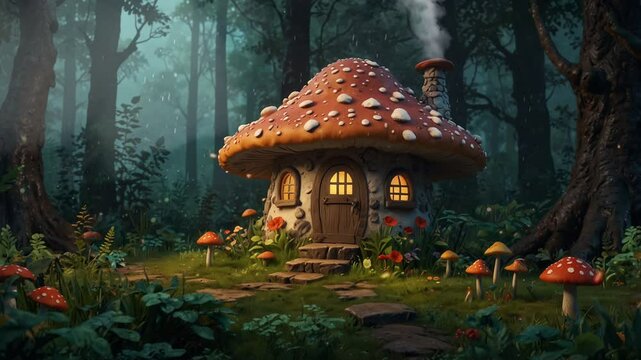 mushroom house in animated forest. looping 4k video