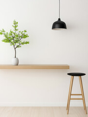 Minimalist interior design featuring a plant and wooden shelf with a pendant light