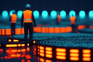 Obraz premium Foreman directing workers on a glowing construction site, showcasing teamwork and progress in urban development.