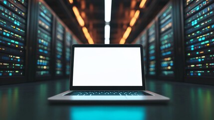 Laptop with blank screen in server room. (3)