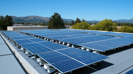 Rooftop solar panels generating clean energy against a sunny sky and distant hills.