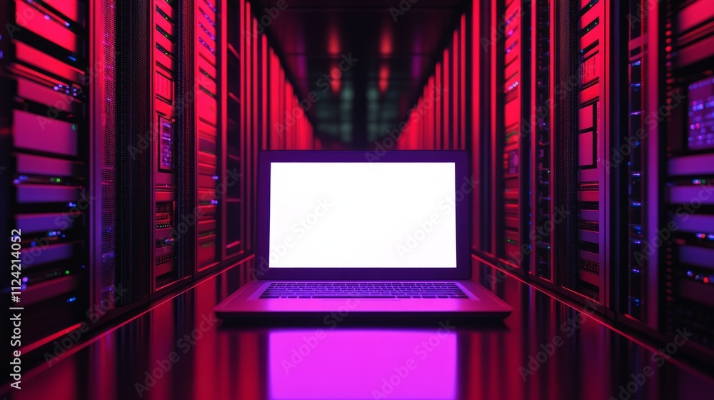 Poster laptop with blank screen in server room.