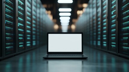 Laptop with blank screen in server room.