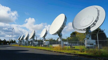 Row of satellite dishes under a blue sky.