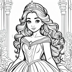 Fototapeta premium A stunning black-and-white line art illustration of a regal princess with flowing hair, wearing an elegant gown and tiara, set against a fairy tale castle background with ornate floral details