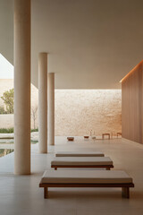 Modern spa interior design showcasing serene relaxation area near a tranquil water feature