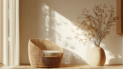 Sunlit room with woven chair, dried flowers, and neutral tones.