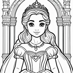 Fototapeta premium A stunning black-and-white line art illustration of a regal princess with flowing hair, wearing an elegant gown and tiara, set against a fairy tale castle background with ornate floral details