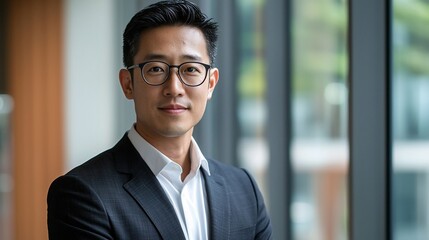 Fototapeta premium Portrait of a smiling Asian businessman in a suit, arms crossed, standing by a window.