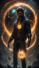 Enigmatic figure harnessing mystical energies in a shadowy world filled with glowing symbols and swirling magic. Generative AI