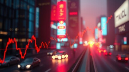 Urban scene with a stock market graph overlay, depicting financial trends amidst city lights.