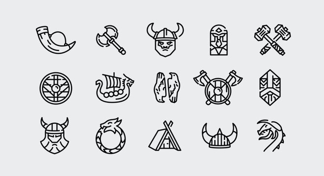 Vikings icons. Set of 15 Vikings trendy minimal icons. Viking helmet, battle axe, Norse shield, longship, viking horn icon. Design signs for web page, mobile app, packaging design. Vector illustration