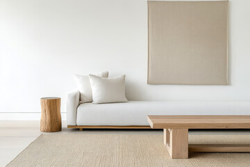 Minimalist living room with natural materials and neutral tones in a modern interior design
