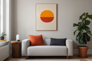 Modern living room with minimalist decor featuring a framed wall art piece