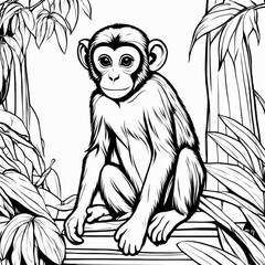 Fototapeta premium A delightful black-and-white line art illustration of a cute baby monkey sitting on a branch, surrounded by lush jungle leaves. Perfect for coloring, animal-themed designs, and children’s projects.