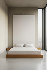 Minimalist bedroom design with large windows overlooking the cityscape