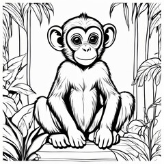 Fototapeta premium A delightful black-and-white line art illustration of a cute baby monkey sitting on a branch, surrounded by lush jungle leaves. Perfect for coloring, animal-themed designs, and children’s projects.