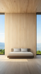 Fototapeta premium Modern minimalist interior design with large windows and scenic view of nature