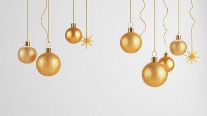 Golden Christmas elements hanging against isolated background, Christmas, ornaments, decoration